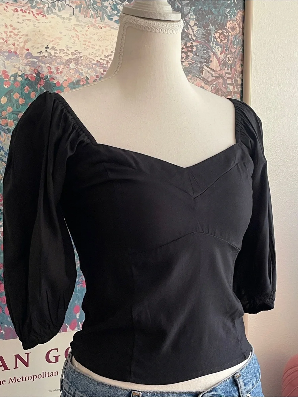 Abercrombie & Fitch Puff Sleeve Top Small Black Cottagecore Milkmaid Prairie